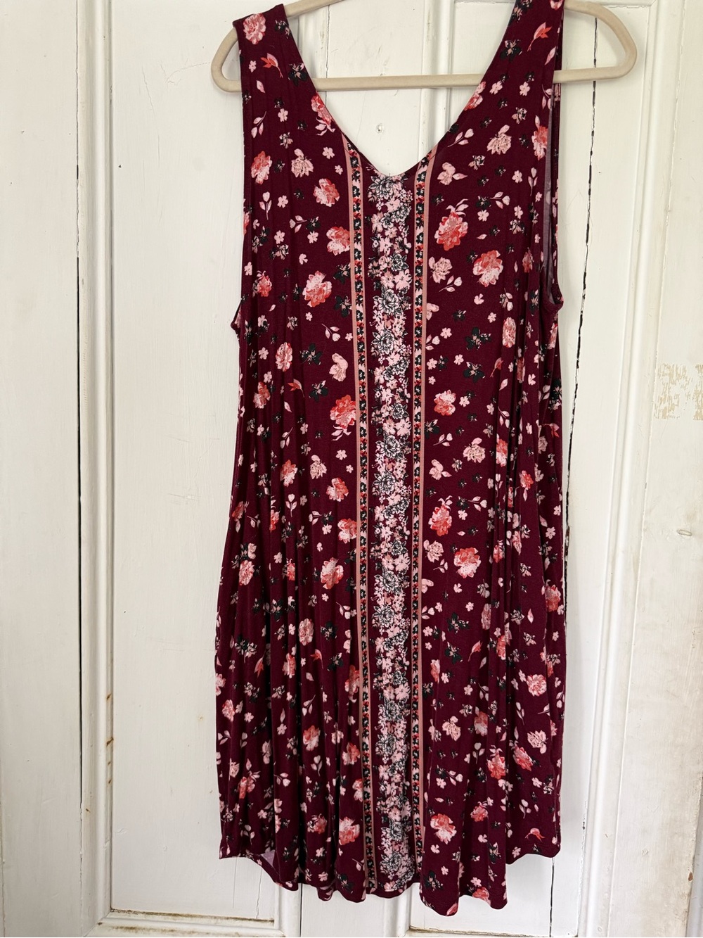 Maurices Floral Sleeveless V-Neck Mini Dress in Burgundy and Pink